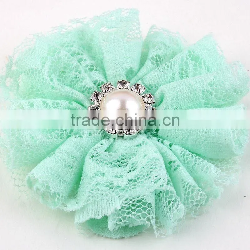 lace flower with pearl rhinestone in center for kids hair accessories