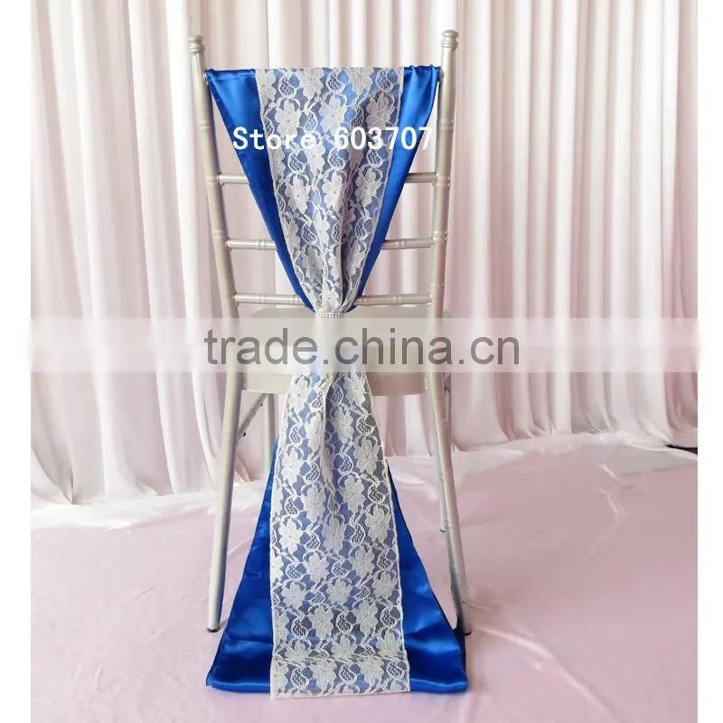 50PCS A Lot 32cm*200cm White Hard Yarn Lace & Royal Bule Satin Sash With Plastic Shinny Buckle For Wedding Use