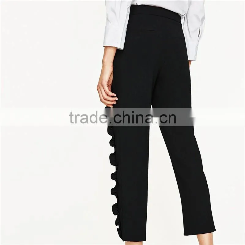 2017 oem eco-friendely pink cropped flowing frilled women's trousers