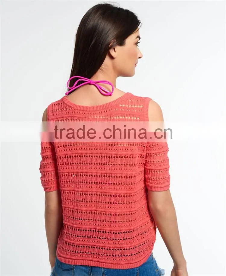 Shandao Factory Summer New Arrivals Casual Round Neck Short Sleeve Off Shoulder See Through Orange Lace Sexy Weatern Tops Ladies
