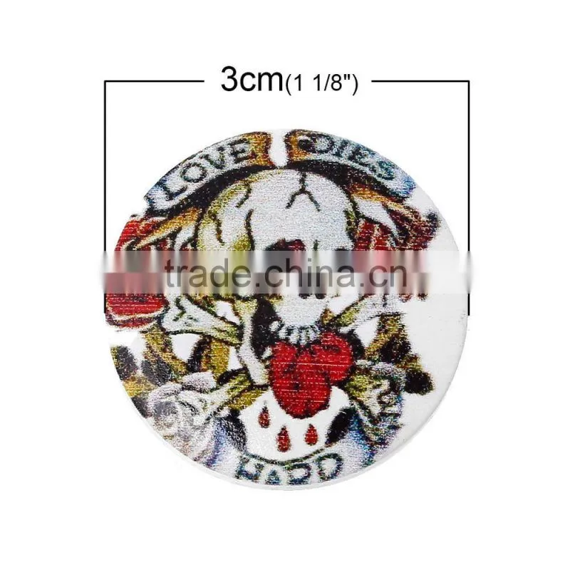 Wood Cabochon Round At Random Skull Halloween Pattern 30.0mm, 50 PCs