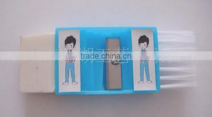 Plastic sharpener with eraser and brush