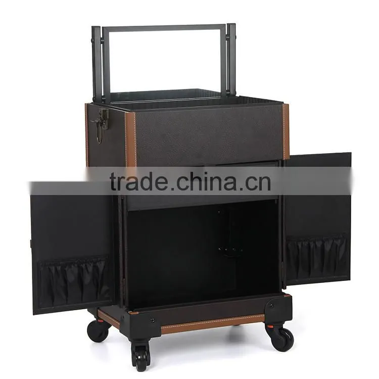 Professional large size rolling cosmetic case trolley 2 in1 makeup case with mirror