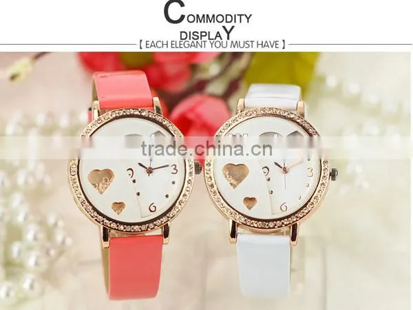 Fashion beautiful heart shape diamonds watch gilrs leather quartz watch