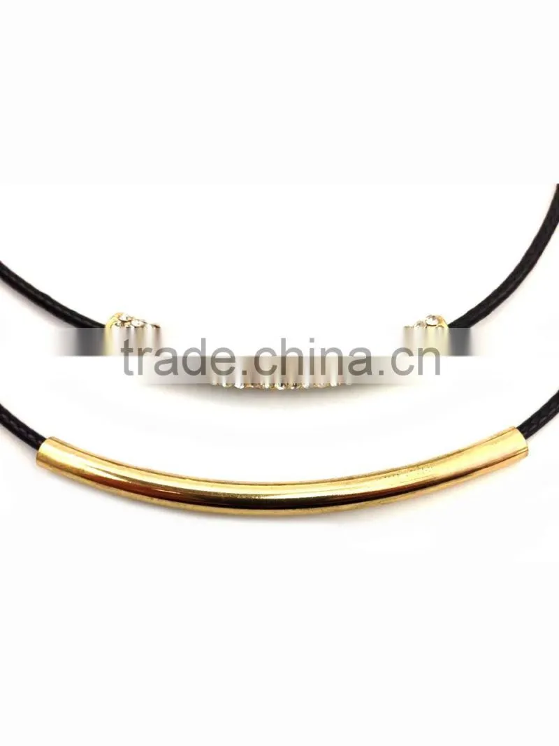 Fashion two strands of synthetic leather two gold plated tube design necklace