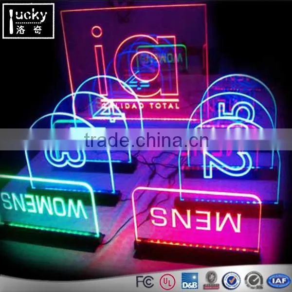 Custom acrylic led table number sign,remote control led edge lit sign ,nameplate sign with 7 colors