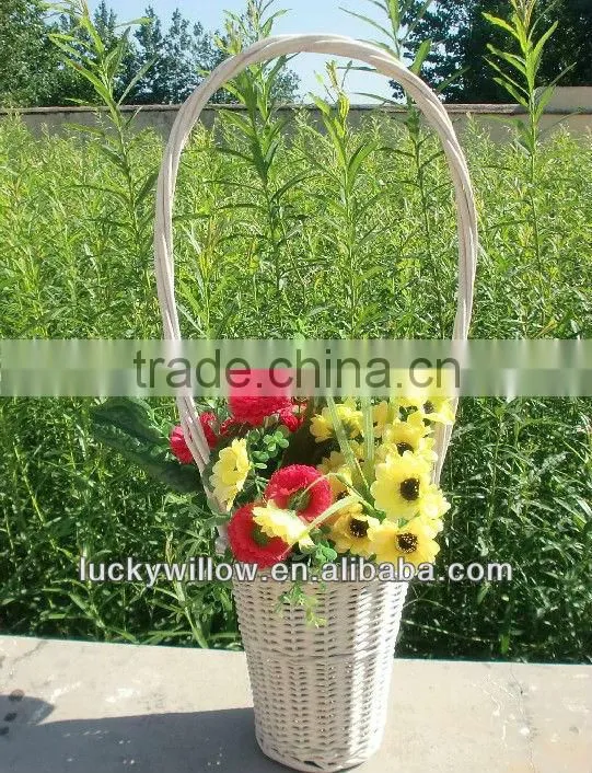 Driect supplier white wicker flower basket with high handle