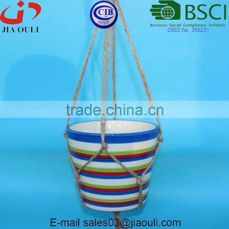 Glazed Ceramic indoor and outdoor Rope Hanging planter pot