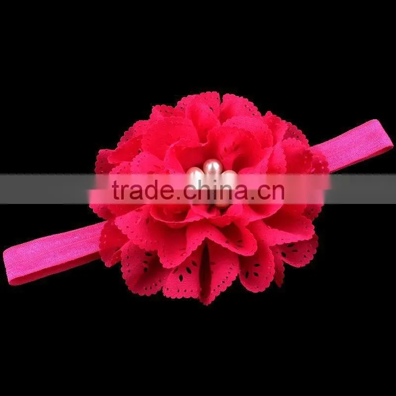 handmade fabric flower headband with pearl center for kids hair accessories