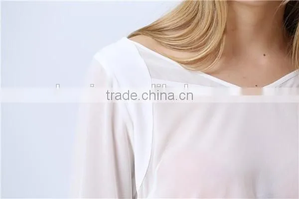 See-through White Chiffon Three Quarter Sleeve Casual Loose Blouse/Top for Ladies/Women
