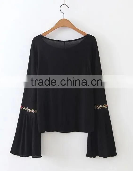 Runwaylover EY2366B Ladies Fashion Flare Sleeve Embroidery Blouse