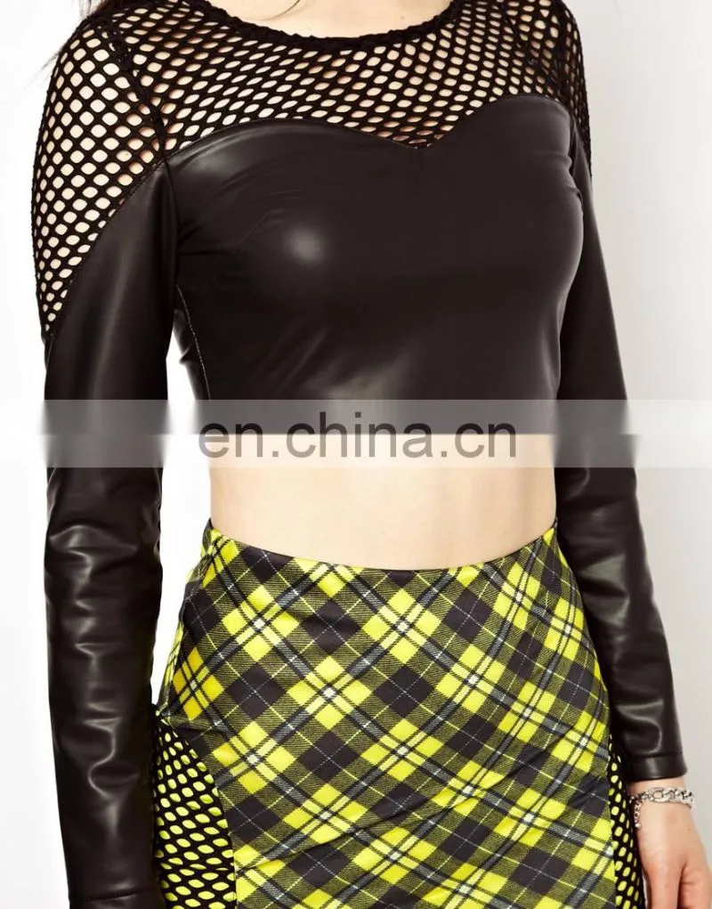2014 lady's fashion Mesh PU Top