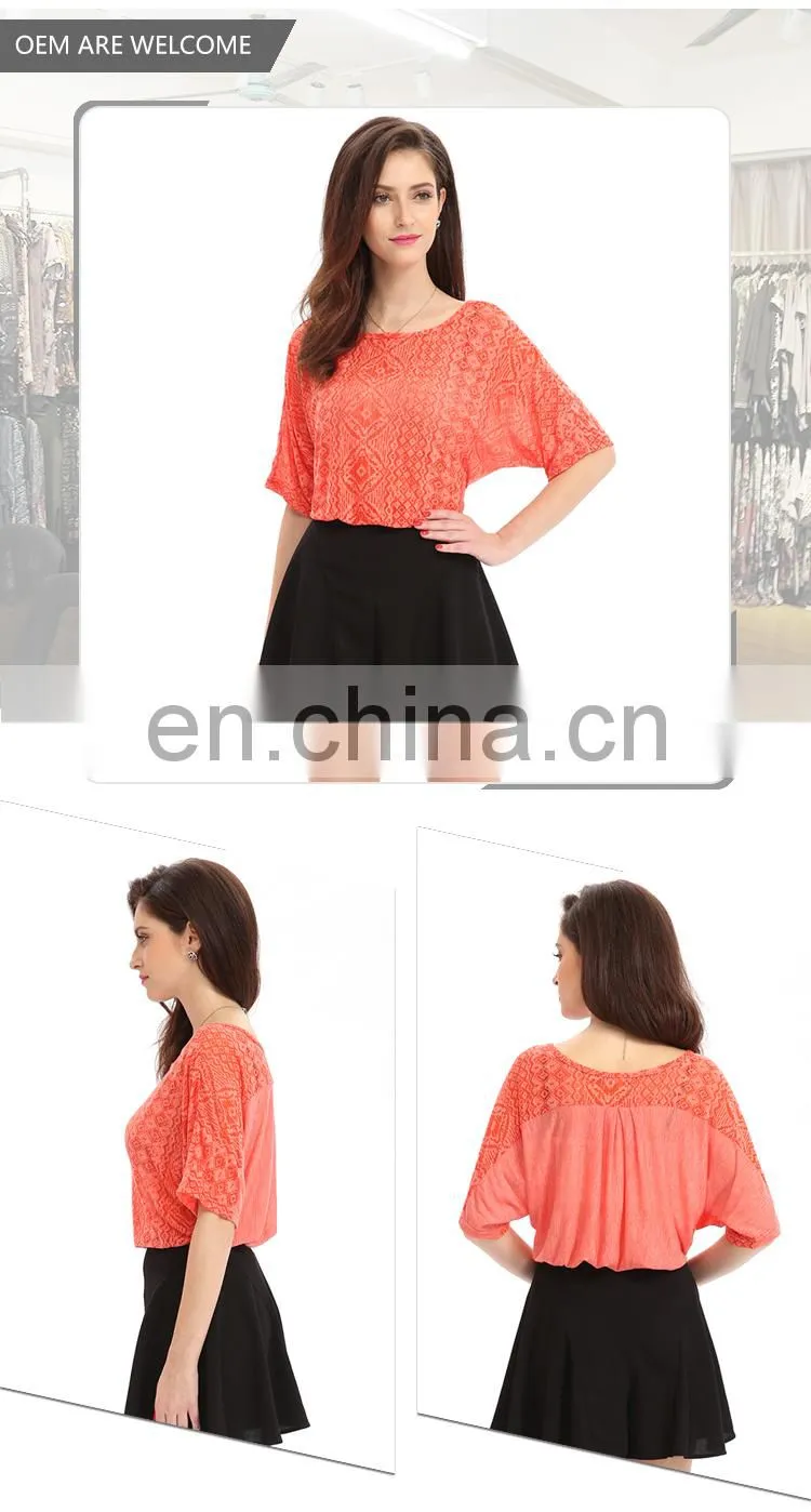 New Fashion Short Sleeve Simple Red Sexy Lace Blouse Designs