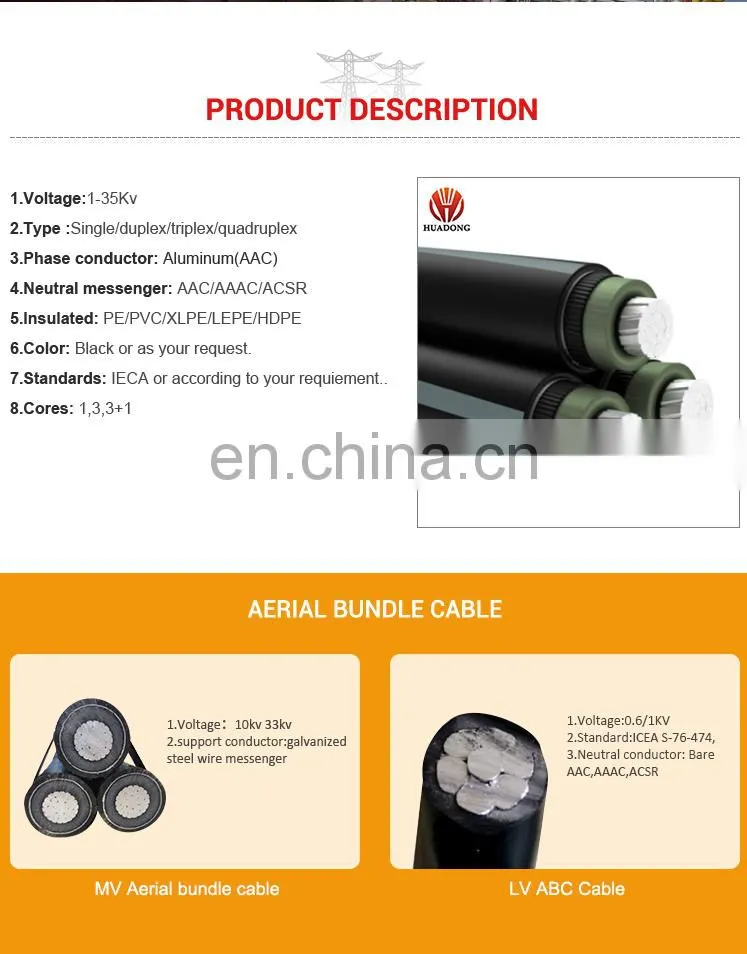 Best price 10KV aluminum or aluminum alloy conductor XLPE Insulation Overhead Application MV ABC Aerial Bundle Cable