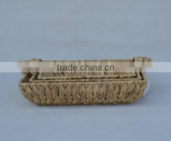 S/3 Rectangular Water Hyacinth Woven Shallow Tray with Handles