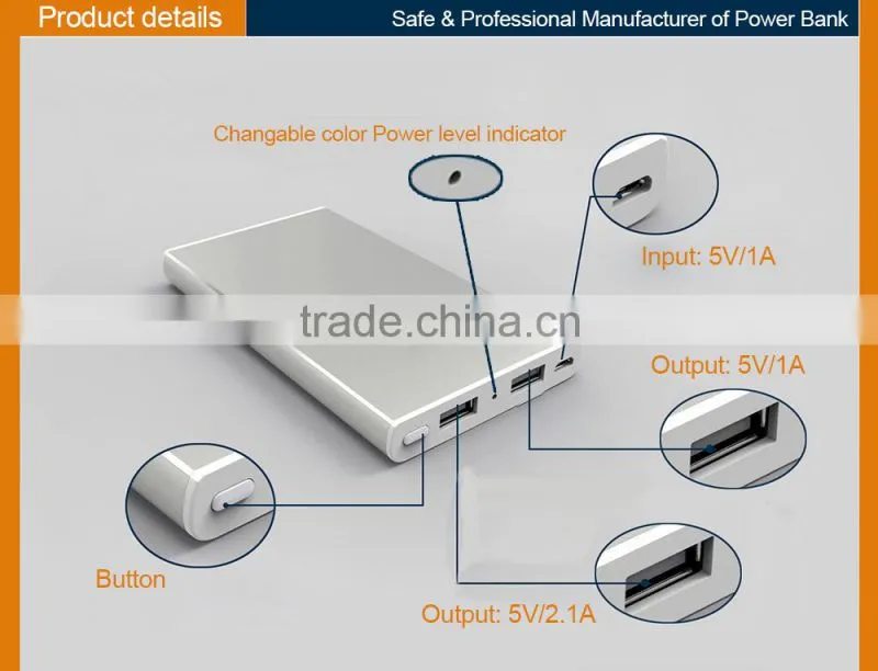 Slim Dual USB outputs 5V 2A power bank charger 7000mah
