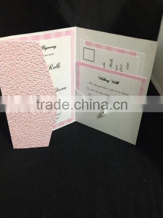 2015 surface with pebble and brooch decoration pocket fold wedding invitation card