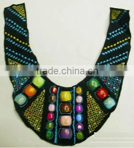 Apparel wooden beaded collar applique, neck embroidery design