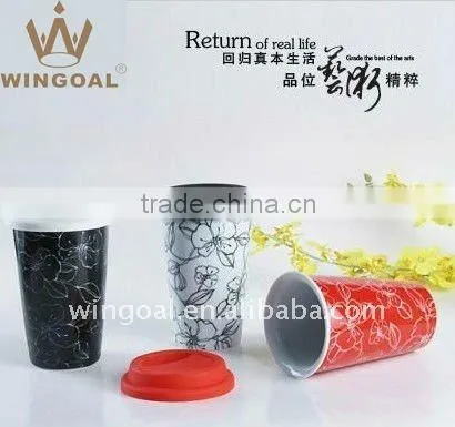 WG398 ceramic double wall travel mug with silicone lid,colorful ceramic mug