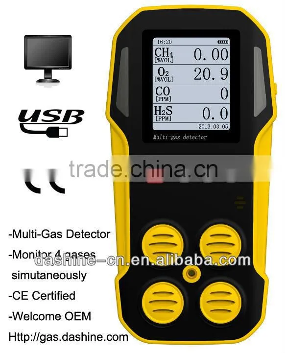 Handheld 4 in 1 Gas Detector CO, O2, H2S, LEL/CH4 with Data Transfer Function