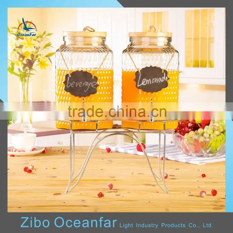 Eco-friendly Twins Glass Jar Set 2 Glass Beverage Dispenser Clear Drink Dispenser Glass With Tap Metal Stand