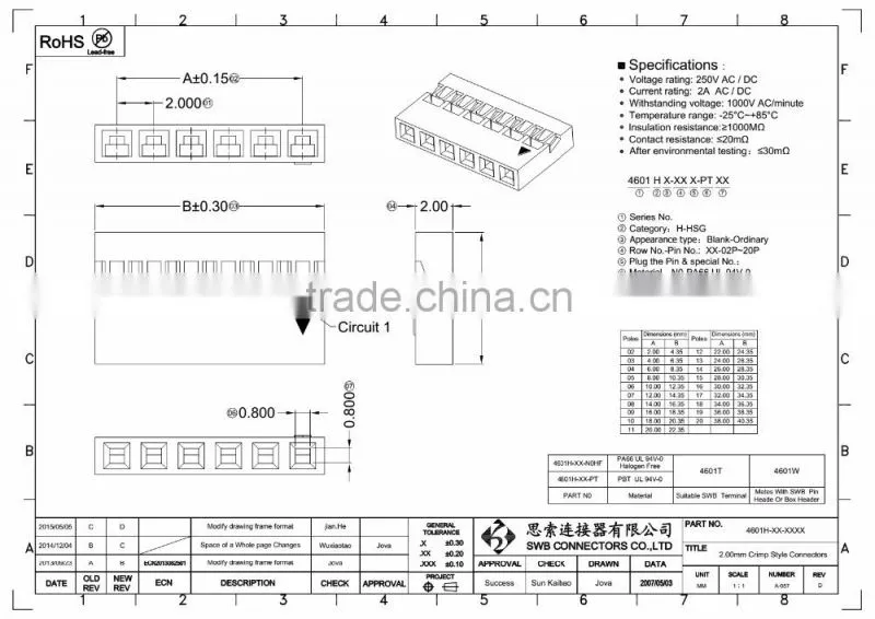 2.0mm Pitch Wire to board electronic connectors pin header
