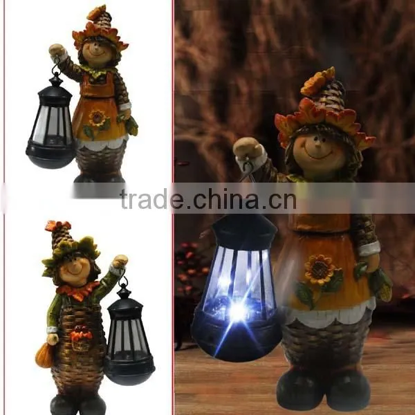 Polyresin boy statue children harvest festival decorations with solar lantern