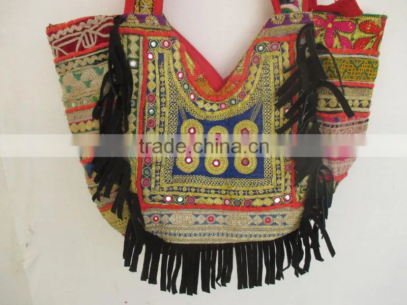 Leather Fringe Hand Bag Vintage Banjara Handbag Gypsy jari Banjara Bag