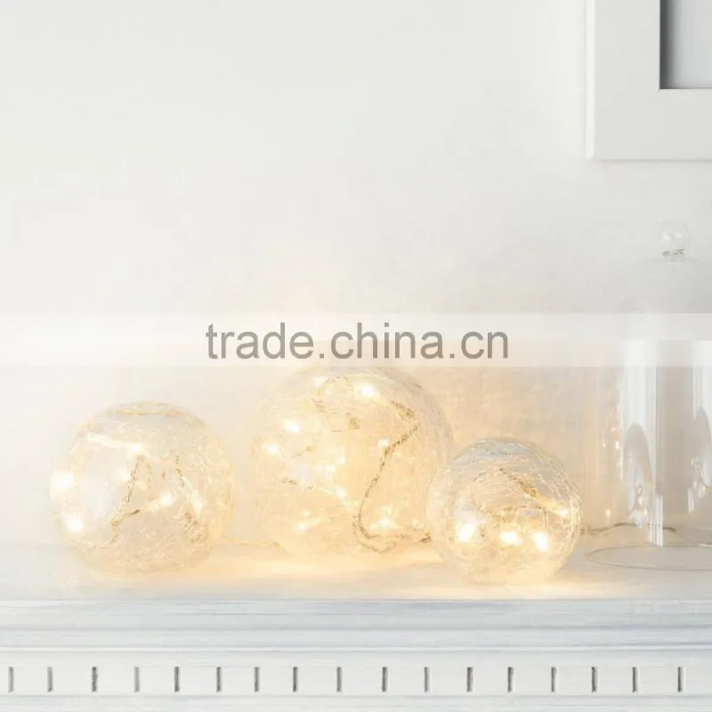 Set of 3 Battery Operated Crackled Glass Warm White Christmas LED Fairy Light Balls