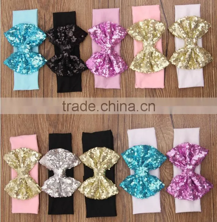 wholesale baby stretch hair headband blue fancy sequin bowknot Headband For Girls Headband Pretty Princess Hair Hands