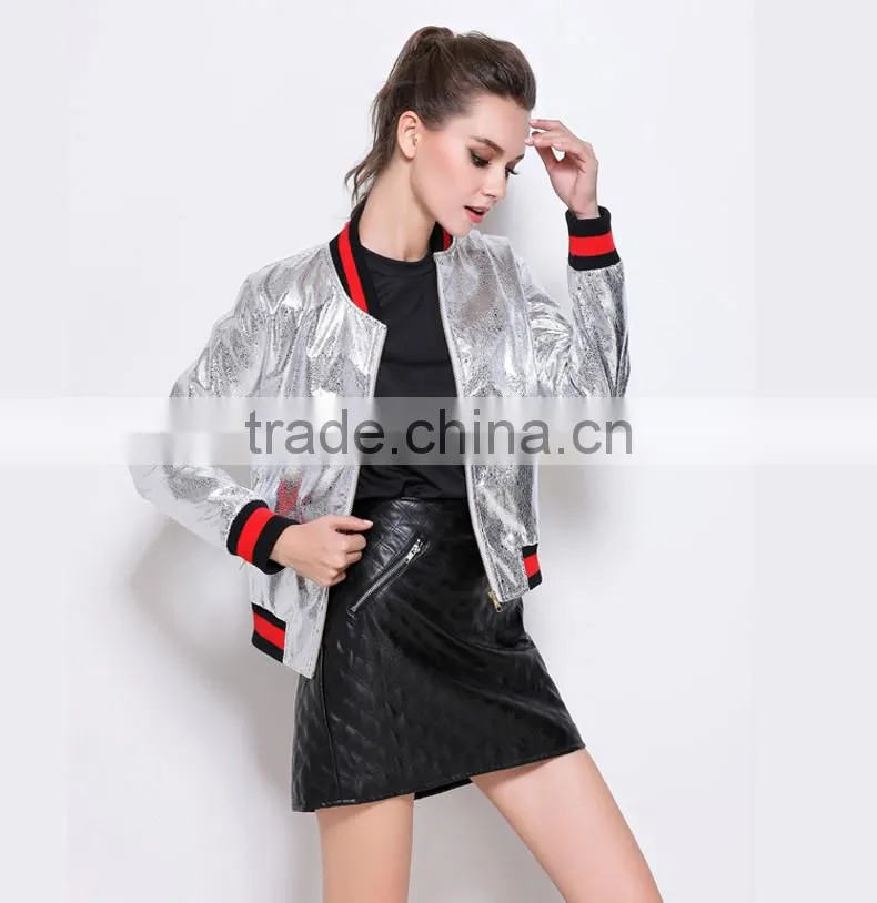 Outerwear Top Autumn High Quality Runway Coats Fashion Stand High Collar Baseball Uniform Silver PU Bomber Jacket Coat