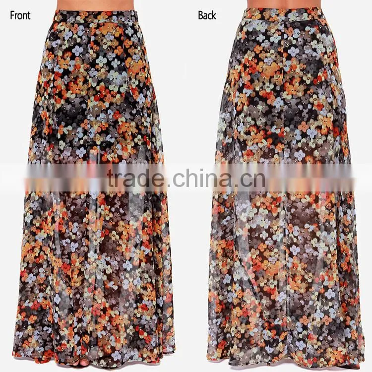 2015 new fashion design women floral printed maxi skirt, latest long skirt design