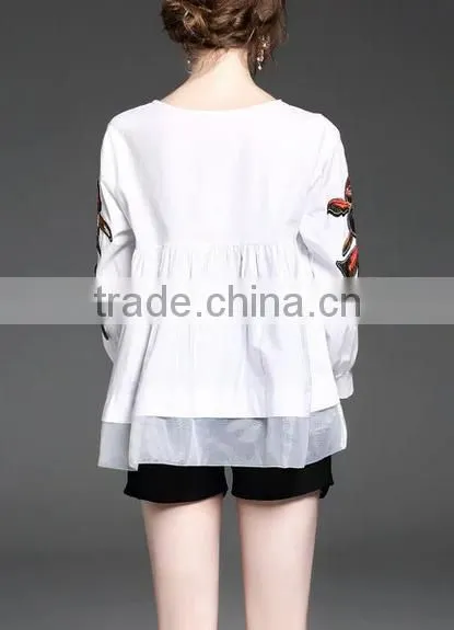 2017 summer newest fashion round neck long sleeve blouse with patch on sleeve