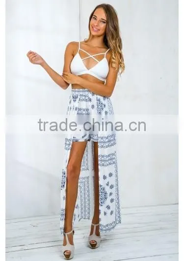 2016 new design this cute pair of shorts features a printed fabrication and has a maxi skirt