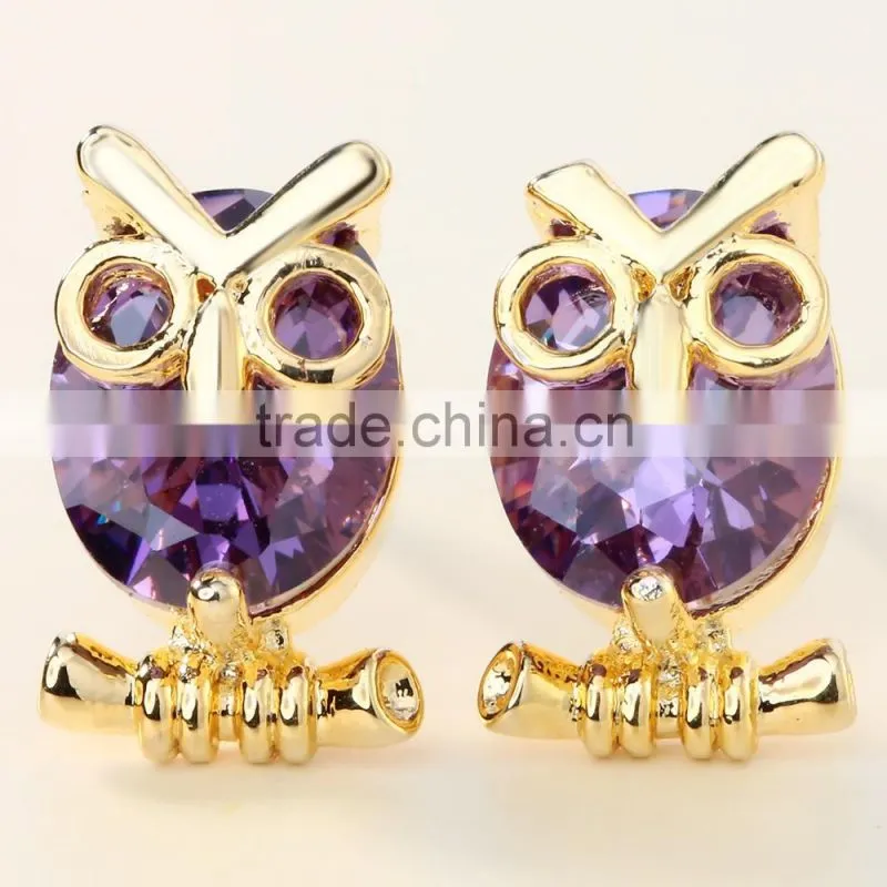 Cute gold color red zircon oval owl women jewelry party earring