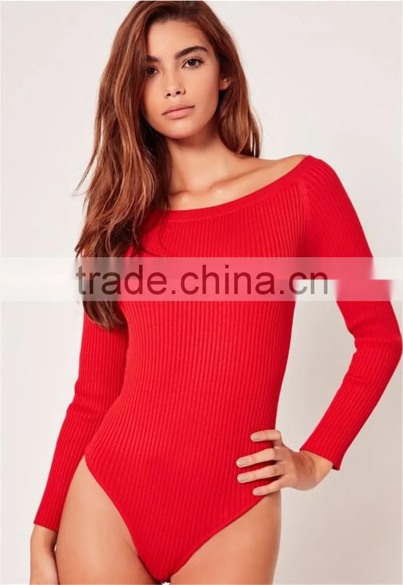 Red Opening Soulder Raglan Sleeve Bodysuit Cotton Blends Long Sleeve Sexy Plain Sweater