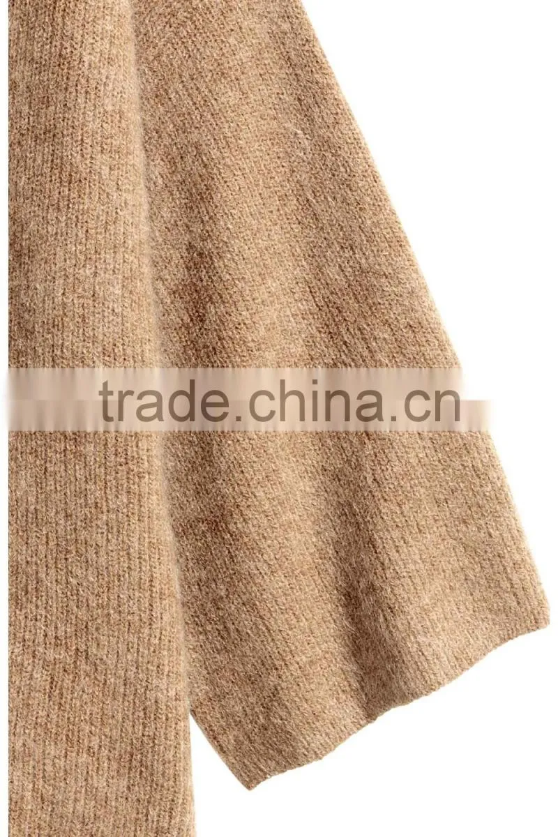 High Quality Long Bell Sleeves Crew Neck Ribbed Handmade Wool Knit Sweater for Women