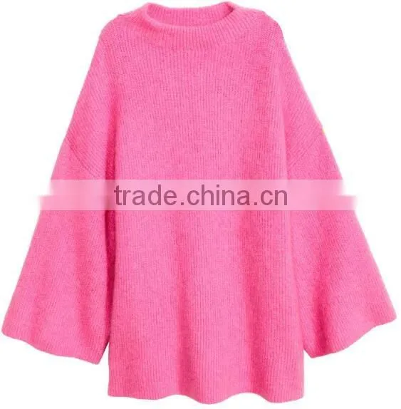 High Quality Long Bell Sleeves Crew Neck Ribbed Handmade Wool Knit Sweater for Women