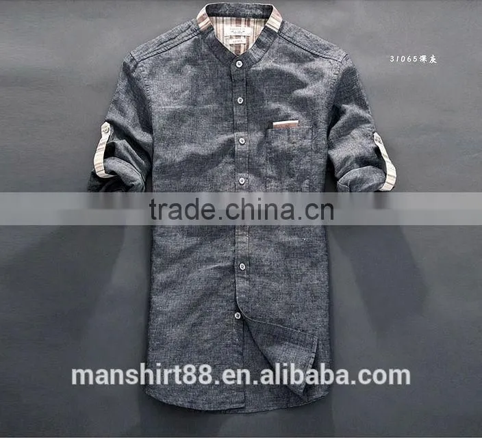 2016 new style roll up sleeve Mandarin collar linen cotton shirts for men