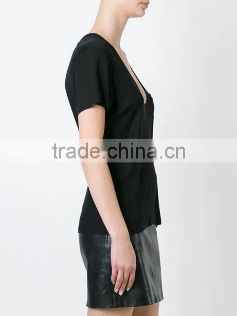 Custom Womens V Neck Blank Plain T Shirts,Pure Black Cotton V Neck T-Shirts For Women