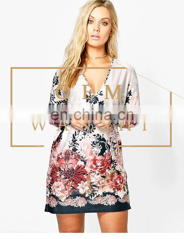 summer clothes custom v neck Printed long sleeve women mini dress