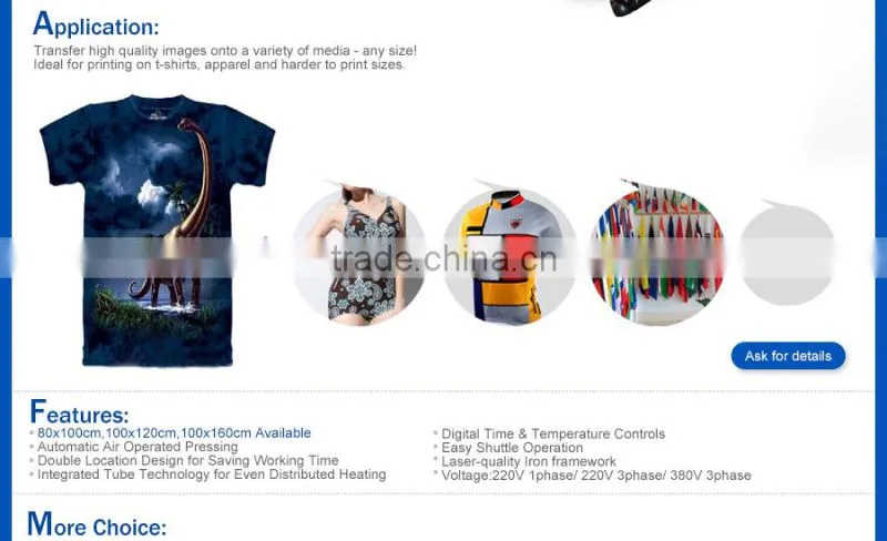 pneumatic Large format 80x100cm,100x120cm, 100x160cm wholesale t shirt heat transfer machine