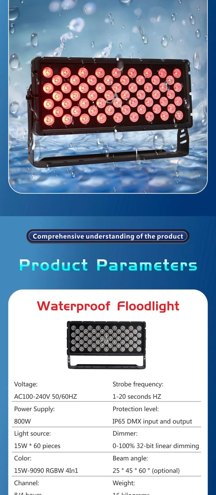TG60 IP65 LED Waterproof Floodlight 60x15W RGBW 4in1 800W DMX Effect Light