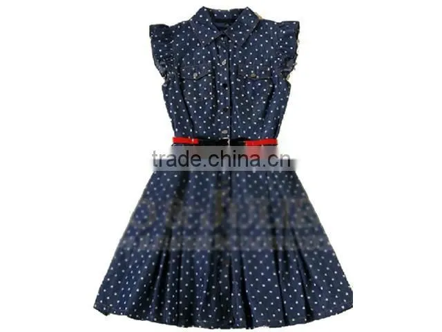 Lapel Ruffle Sleeve Polka Dot Denim Skirt Dress Cotton Wholesale Printed Apparel For Women