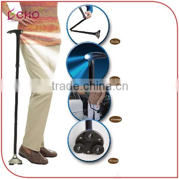Sturdy Triple Heads Pivoting Base Folding Cane with Build-in Lights for Elder