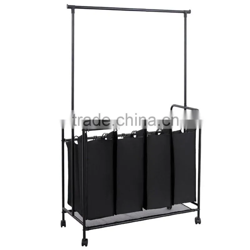 Black Heavy Duty 4-bag Rolling Laundry Sorter/Cart/Rack Hamper with Hanging Bar
