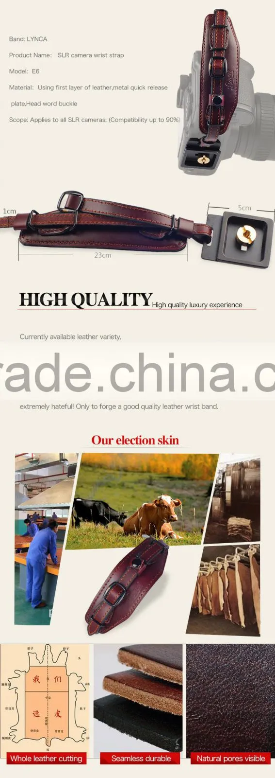 Wholesale hand made leather camera wrist strap