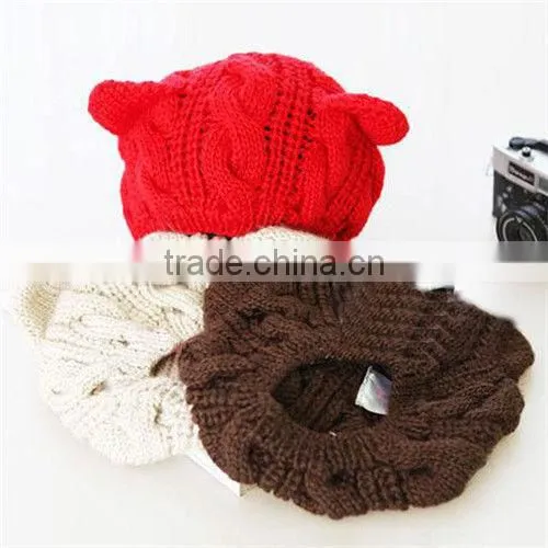 1x Braided Women Winter Warm Beanie Devil Horns Cat Ear Crochet Knit Ski Cap Hat