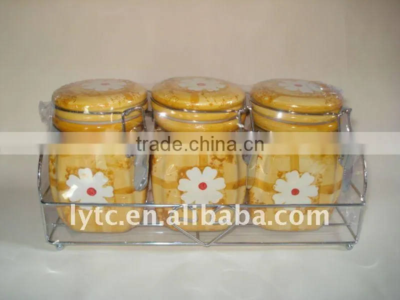 3pcs Kitchen Accessory ceramic pantry canister set with metal stand