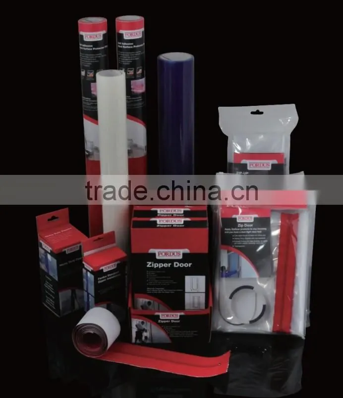 Plastic film protection and dust barrier zipper door